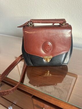 Vintage Two-Tone Leather Top Handle Crossbody Bag | Brown & Black